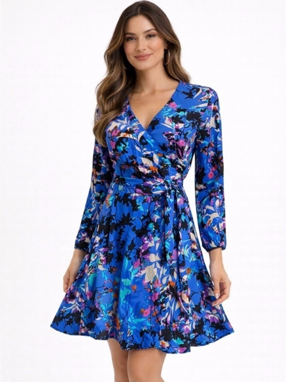 Yumi Kim Carla Blue Floral 100% Silk Wrap Dress Long Sleeve M